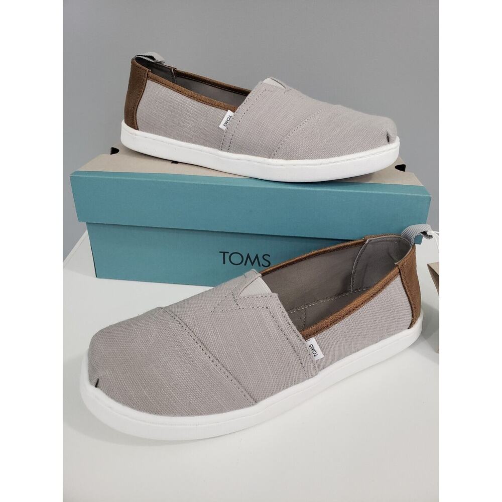 NEW Girls Big Kid Tom's alpargata drizzle grey slubby woven brown slip on‎ shoes